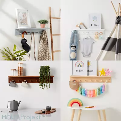 Haus Projekt WALL SHELF With PEGS White Grey Pine Oak Floating Coat Key Rack • £34.99