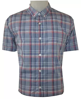 Merc London Short Sleeved Check Shirt Blue Button Down Collar M RRP £50 • £18