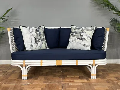 Eske 2 Seater Sofa Lounge Sofa Unskinned Rattan W/ Lasio Weaving Navy Cushions • $750