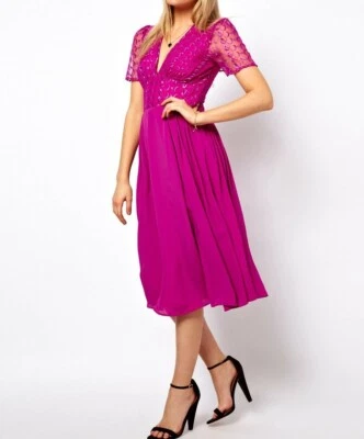 $35 • Buy New With Tags ASOS Pink Embroidered Lace Midi Dress With Sheer Back Size 14