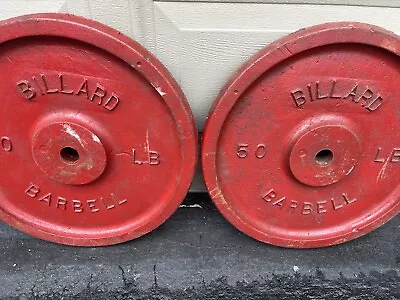 2 Red Vintage Billard 50 Lb Cast Iron Barbell Weight Plates Standard Vintage 1” • $279.95