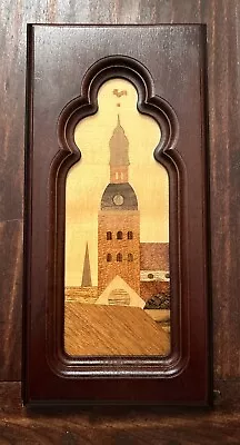 Framed European Wood Veneer Marquetry Art; City Scene; Tower/Steeple 4.5x9.5” • $19.99
