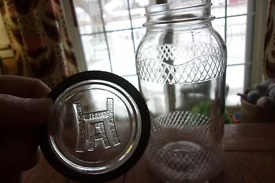 VTG HAZEL ATLAS Quart Canning Jar Clear Round Fancy GRID W/  H Over A  Glass LID • $11.49