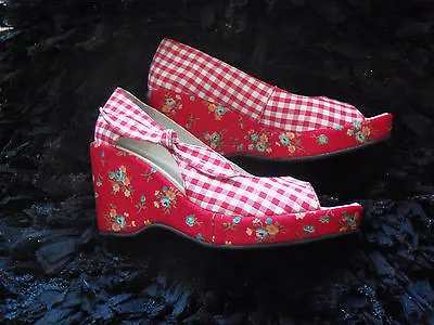BNIB  DEPP Red Gingham / Floral  Shoes  50 S ROCKABILLY Pin Up    Wedges  UK 4 • £45