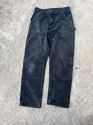 Vintage 90s Carhartt Black Double Knee Pants Bleach Stains USA 31x30 • $30