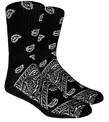 Black Paisley Bandana Pattern Print Knit Men’s Crew Socks Tube “Mad Toro” • $7.49