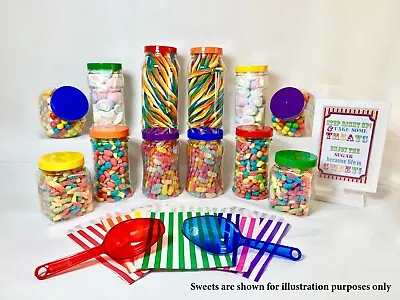 £17.50 • Buy 12 Rainbow Plastic Sweet Jars 6 Styles 2 Scoops 50 Bags PLUS Candy Buffet Sign 