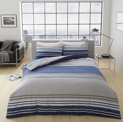 £15.89 • Buy Striped Duvet Cover Luxury Reversible Quilt Bedding Linen Set Double Navy Blue