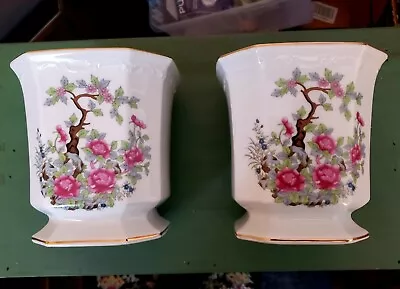 Set Of 2 Vintage Japanese Porcelain Planters Featuring Trees With Pink Flowers • $9.99