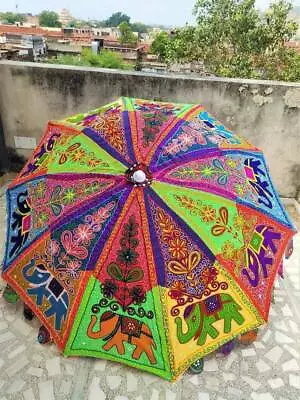 Indian Multi Handmade Beautiful Peacock Embroidery Vintage Garden Patio Umbrella • $183.99