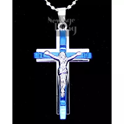 $9.99 • Buy Crucifix Pendant Blue Silver Plated Cross Men Women 24  Ball Chain Necklace