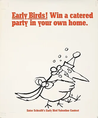 Original Vintage Poster Ungerer Schrafft's Early Bird Valentine Contest Party • $250