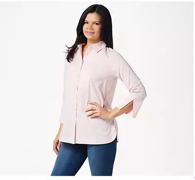 Martha Stewart Stretch Poplin Bracelet-Sleeve Blouse With Bib Detail Pink Small • $17.85