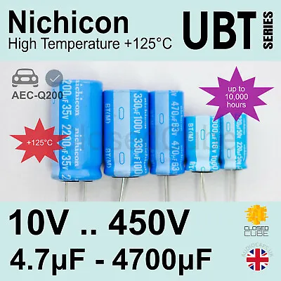 Nichicon UBT High Temperature 10000 Hours +125C 10V-450V 4.7uF-4700uF Capacitors • £1.99