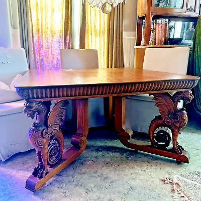 Antique French Oak Lions Griffins Chimera Carved R.J. Horner Grand Dining Table • $9995