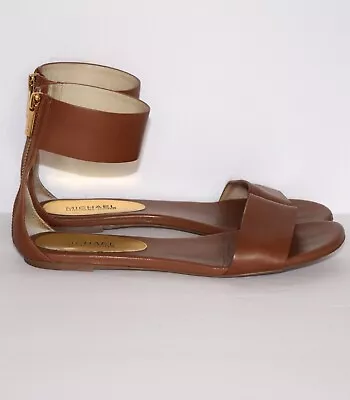 Michael Kors Brown Tan Leather Ankle Strap Back Zipper Flat Sandals Size 8M • $47.95