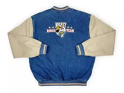 Vintage Mickey Mouse Varsity Denim Jacket 90s Disney Rodeo Cowboy Western R4 • $129.99