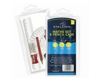 6 Piece Complete Maths Set School Stationery & Clear Pencil Case Compass Rulers • £2.79