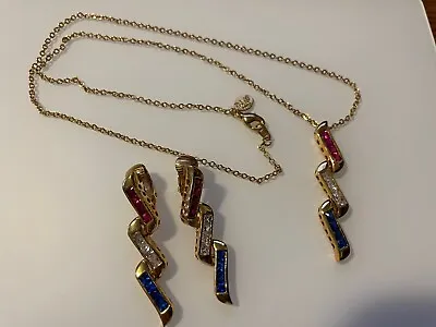 Estate CFJ LIND 14k GE Red White Blue Necklace Pendant And Clip Earrings Set • $29.95