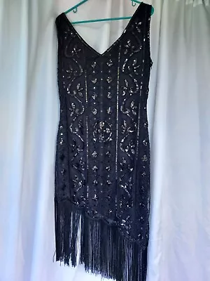 Black Flapper Dress XL Embellished Sequin Sleveless V Neck Fringe Party • $26.50