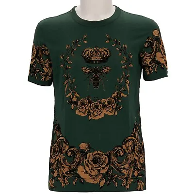 DOLCE & GABBANA Napoleon Bee Crown Baroque Cotton T-Shirt Green 46 36 S 13430 • £277