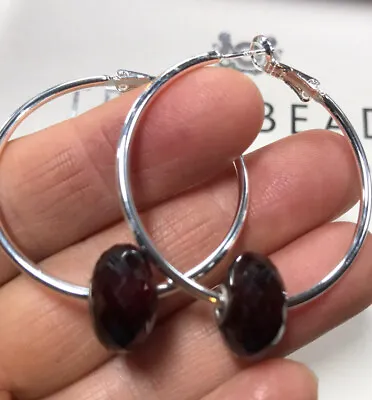 Trollbeads Faceted Gemstone Garnet Earrings Sterling Silver Hoops • $124.34