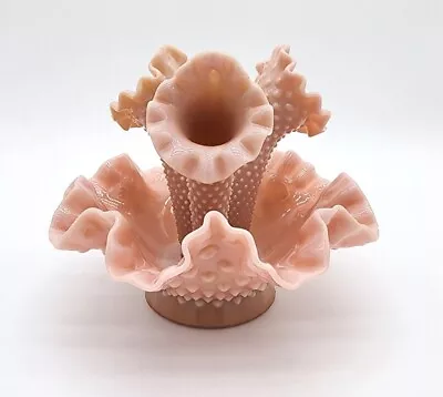 Vintage Fenton Rose Pink Milk Glass Hobnail Epergne 3 Horn Trumpet Vase Ruffled • $139.99