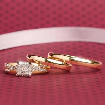 2Ct Round Cut Lab-Created Diamond Wedding Trio Ring Set 14K Yellow Gold Plated • $138.75