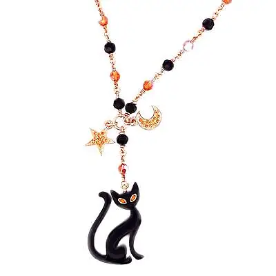 Halloween Cat Charm Necklace Gold Plated Metal Alloy Set With Enamel And • £78.44