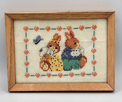 Vintage Miniature Handmade Needlepoint Embroidered Baby Bunnies In Frame 8x6” • $6.98