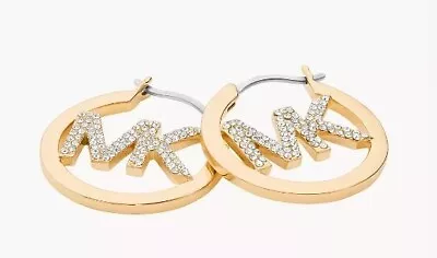 NWT Michael Kors MKJ7635710 Gold-Tone Plated Brass Pavé Logo Hoop Earrings • $49.99