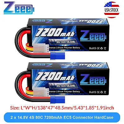 2x Zeee 4S Lipo Battery 7200mAh 14.8V 80C EC5 For RC Car Truck Tank Buggy Truggy • $101.99