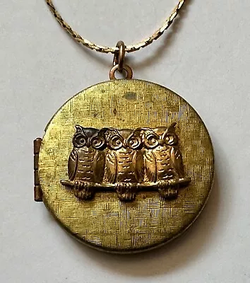 Vintage  Locket Photo Brass Round W 3 Owl Design 1 1/4  Necklace 18  Vtg Brass • $14.95
