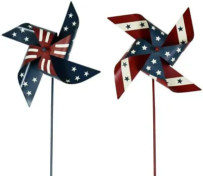 America Flag Metal Pin Wheel Garden Stake Patriotic Metal Wind Spinner Set Of 2 • $33.95