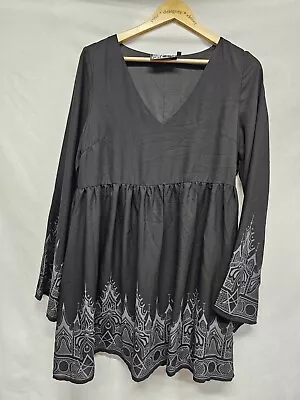 Killstar Dress Size L Black Gray Print Long Bell Sleeve Duchess Mourning • $34.99