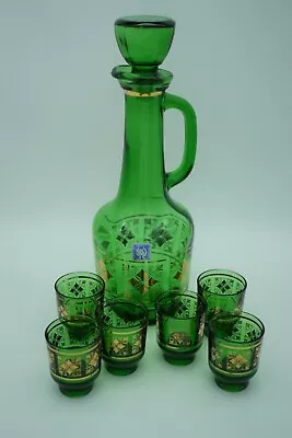 Vintage Italian Green Glass Decanter & Glasses 7 Set With Gold Gild Geometric • $80