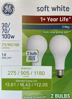 2 GE 30/70/100-Watt 3-Way A21 Light Bulbs- 275/905/1180 Lumens • $13.99