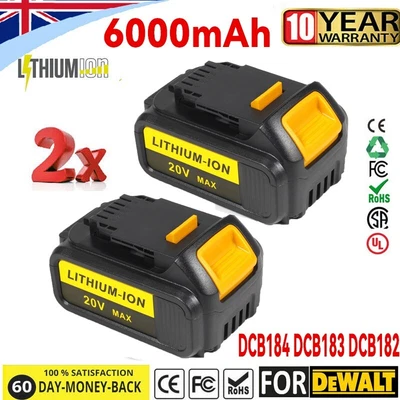 £31.99 • Buy 2Pack For Dewalt 18V Battery 6.0Ah XR Slide DCB184 DCB183 DCB182 DCB180 DCF885