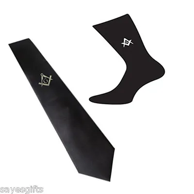 Silver Masonic Printed Design With G On Black Neck Tie & Black Socks • $13.55