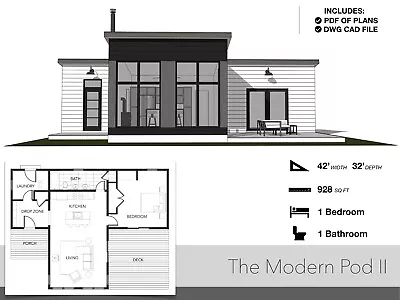 928 SQ FT Tiny House 42'-0  X 32'-0  Cabin Floor Plans Modern House Plans • $28