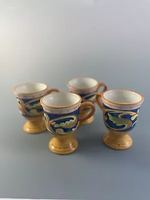 Set Of 4 Pfaltzgraff Villa Della Luna Blue Gold Scrolls 5  Pedestal Footed Mugs • $10.99