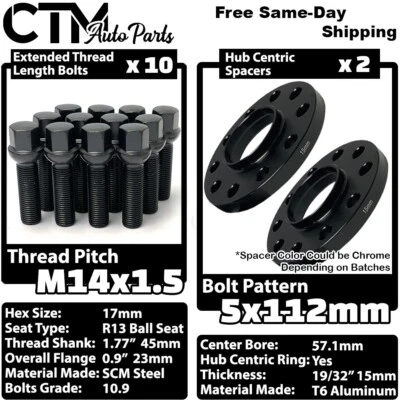 2x 15mm Thick 5x112 57.1mm CB Wheel Spacer Set Black 14x1.5 Bolt Fit Volkswagen • $55.19