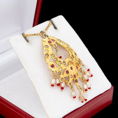 Antique Vintage Nouveau Gold Filled GF Mughal Ruby Paste Wedding Necklace 10.7g • $125