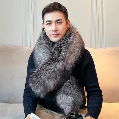 Men's Real Fox Fur Scarf Collar Winter Warm Neckerchief Silver Black Shawl  • $351.70