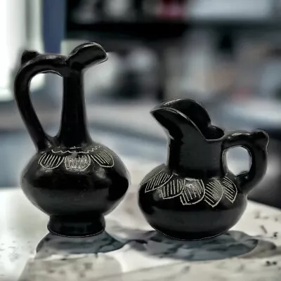 Oaxaca Latin American Black Clay Pottery 2 Small Pitchers 4.5” And 3” Tall • $18.50