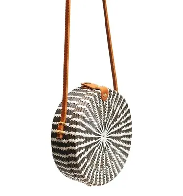  Jelavu Ata Bali Crossbody Rattan Round Bag Hand Woven Black & White New $78 • $51.99