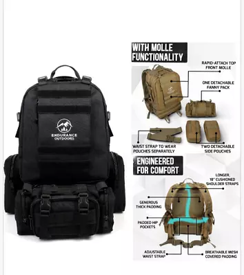 Tactical MOLLE Backpack Heavy Duty Camping Hiking Hunting EDC Bug Out Bag BLACK • $39.95