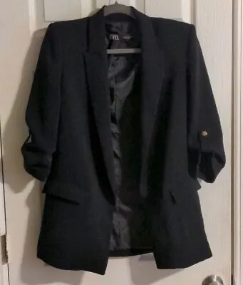 Zara Oversized Boyfriend Black Blazer XS 3/4 Sleeve Open • £54.23