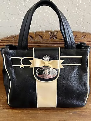 My Flat In London Debutante Black/Cream Leather Handbag ~ Style H61263 ~ EUC • $99