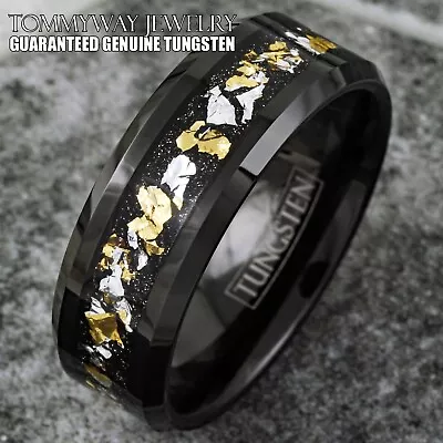 Tungsten Carbide 24K Gold & White Gold Foil Black Men's Wedding Band Ring • $17.99